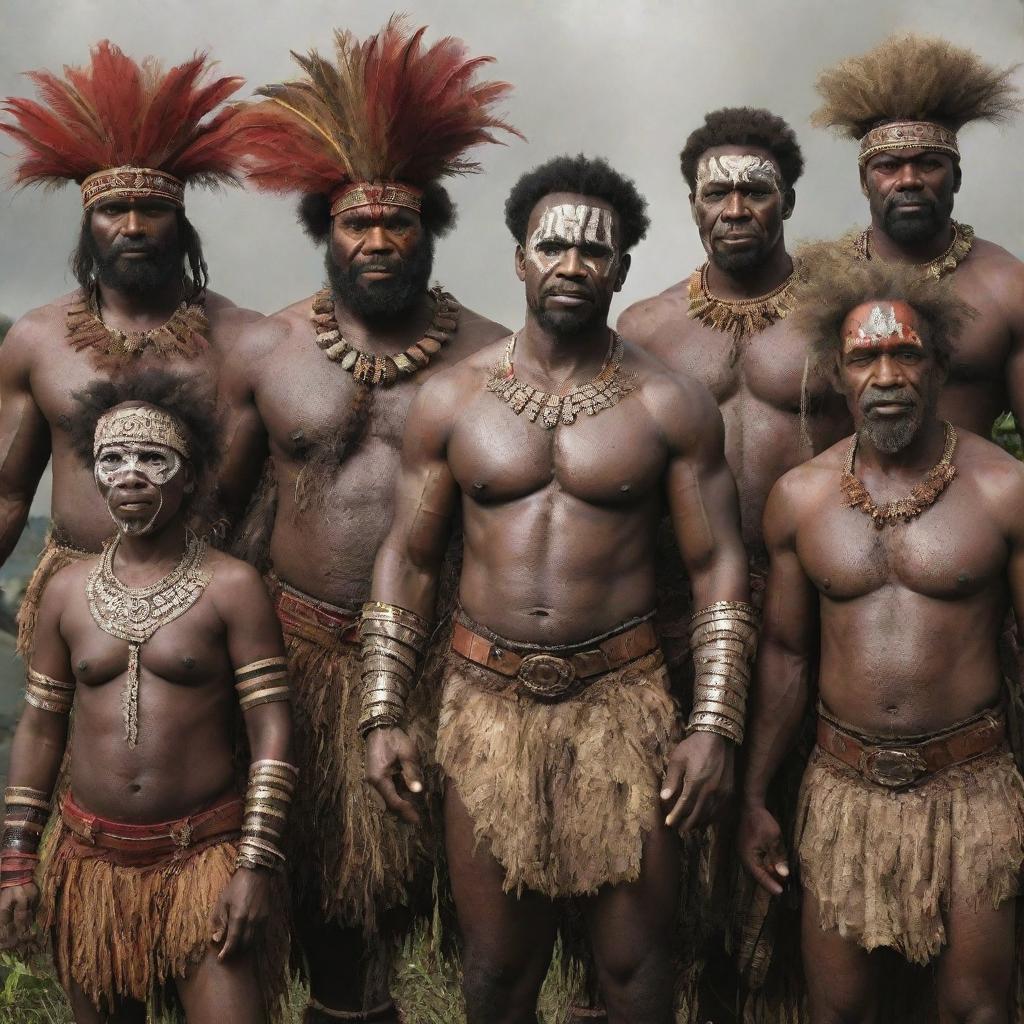 An imaginative version of The Avengers as if they originated from Papua New Guinea, donned in traditional garb and featuring distinct cultural elements.