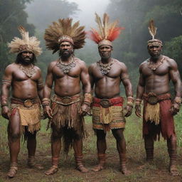 An imaginative version of The Avengers as if they originated from Papua New Guinea, donned in traditional garb and featuring distinct cultural elements.