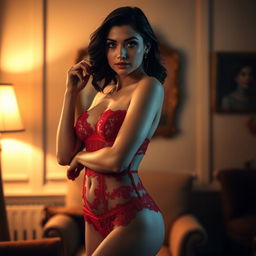 A woman wearing elegant red lace lingerie, standing in a softly lit room