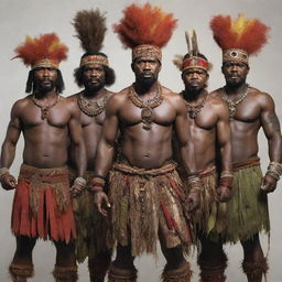 An imaginative version of The Avengers as if they originated from Papua New Guinea, donned in traditional garb and featuring distinct cultural elements.