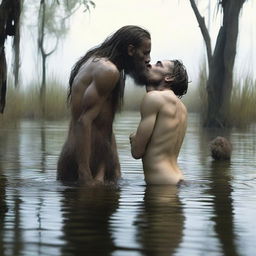 In a swamp, a naked, hairy, emaciated tall giant with long hair and a beard, skinny and with visible obliques, stands over and bends down to kiss a small, skinny, short, petite, and handsome male kneeling in water