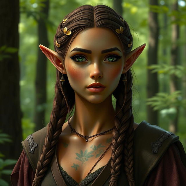 A female elf with long ears and bronze-colored skin with green highlights