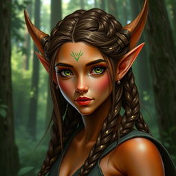 A female elf with long ears and bronze-colored skin with green highlights