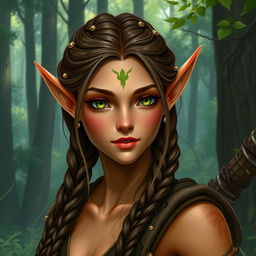 A female elf with long ears and bronze-colored skin with green highlights