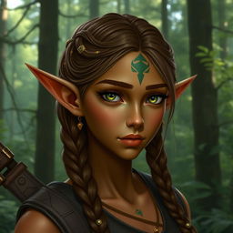 A female elf with long ears and bronze-colored skin with green highlights