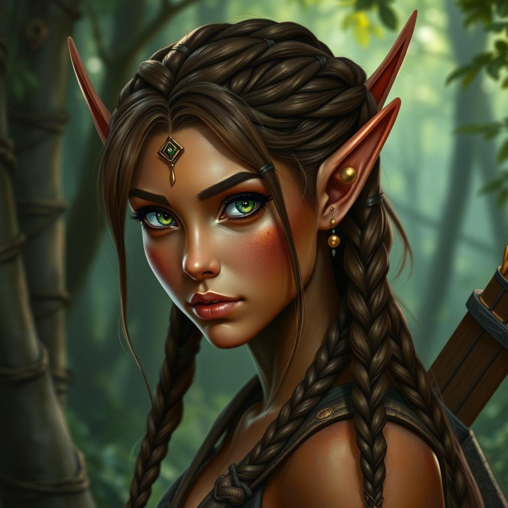 A female elf with long ears and bronze-colored skin with green highlights