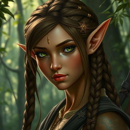 A female elf with long ears and bronze-colored skin with green highlights