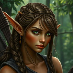 A female elf with long ears and bronze-colored skin with green highlights