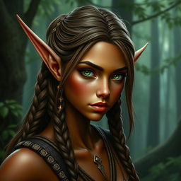 A female elf with long ears and bronze-colored skin with green highlights