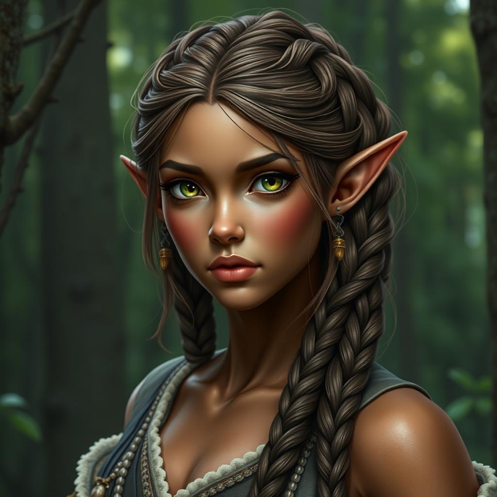 A female elf with bronze-colored skin with green highlights