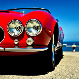 A classic 1960s sports car with dual headlights, featuring sleek curves, chrome detailing, and a vibrant red paint job