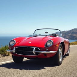 A classic 1960s sports car with dual headlights, featuring sleek curves, chrome detailing, and a vibrant red paint job