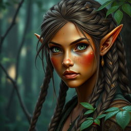 A female elf with bronze-colored skin with green highlights