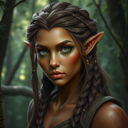 A female elf with bronze-colored skin with green highlights