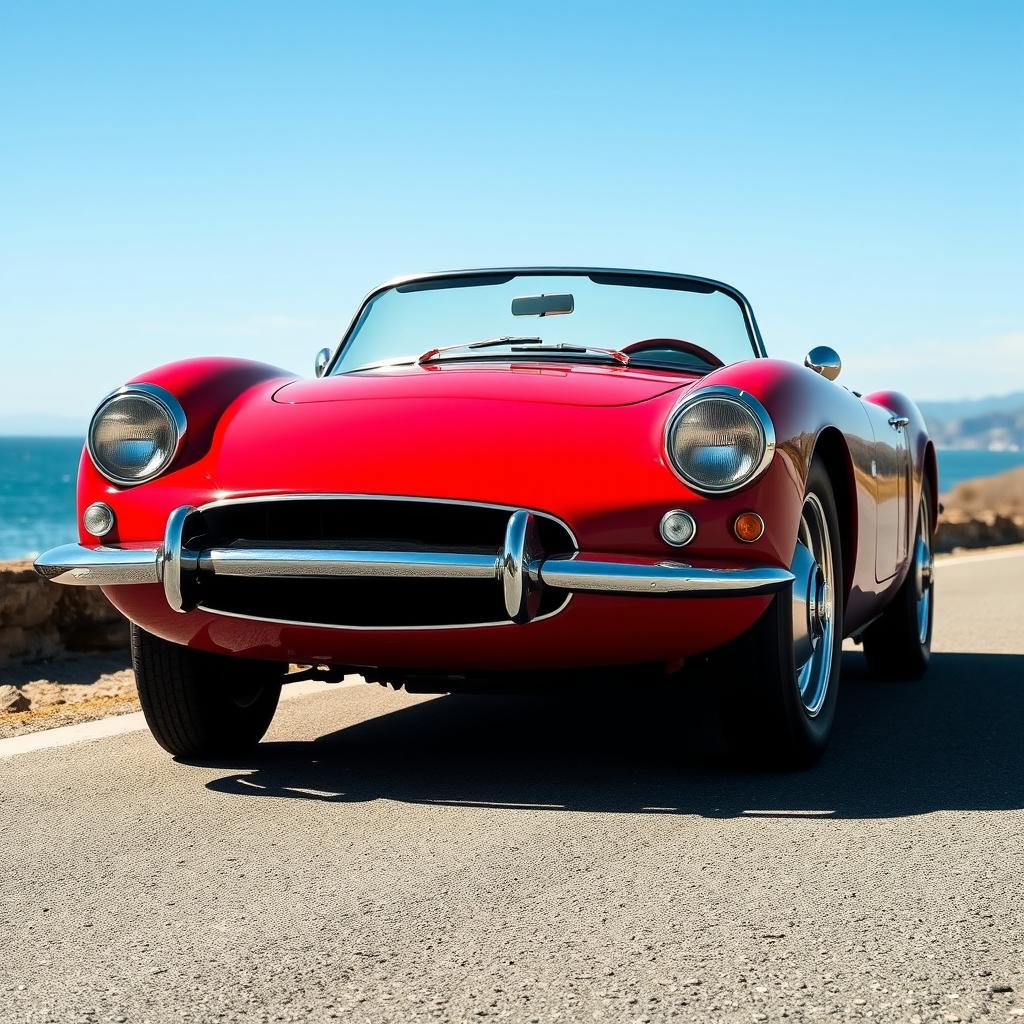 A classic 1960s sports car with dual headlights, featuring sleek curves, chrome detailing, and a vibrant red paint job