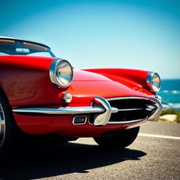 A classic 1960s sports car with dual headlights, featuring sleek curves, chrome detailing, and a vibrant red paint job