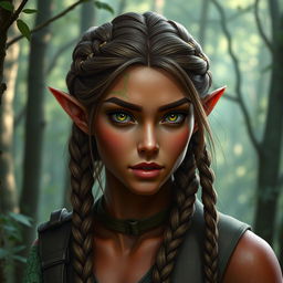 A female elf with bronze-colored skin with green highlights