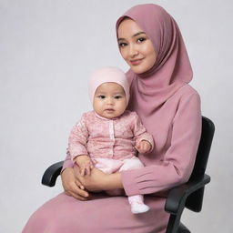 A beautiful Malay mother wearing a pink hijab and stylish blouse. She is casually seated on a chair against a white background. In one hand she holds a glass filled with dark brown liquid, and in the other, she nurses her baby.