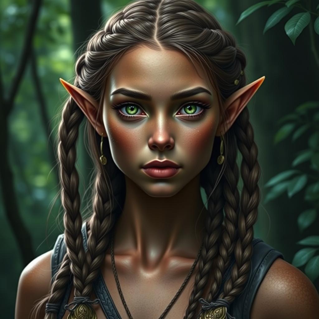 A female elf with bronze-colored skin with green highlights