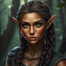 A female elf with bronze-colored skin with green highlights