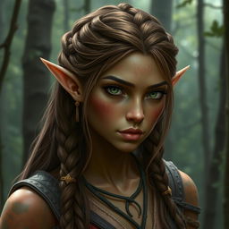 A female elf with bronze-colored skin with green highlights