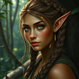 A female elf with bronze-colored skin with green highlights