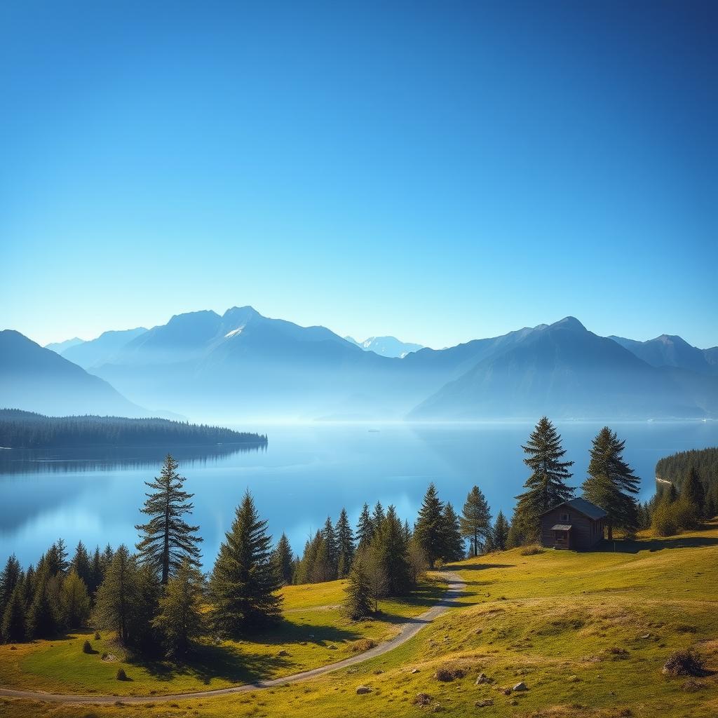 Generate an image of a serene landscape with mountains in the background, a clear blue sky, and a calm lake reflecting the scenery