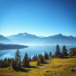 Generate an image of a serene landscape with mountains in the background, a clear blue sky, and a calm lake reflecting the scenery