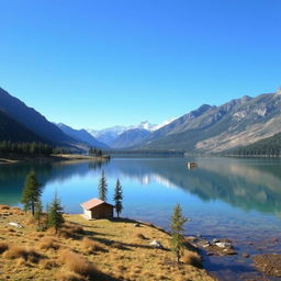 Generate an image of a serene landscape with mountains in the background, a clear blue sky, and a calm lake reflecting the scenery