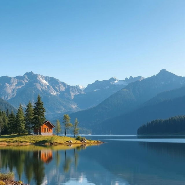 Generate an image of a serene landscape with mountains in the background, a clear blue sky, and a calm lake reflecting the scenery