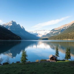 Generate an image of a serene landscape with mountains in the background, a clear blue sky, and a calm lake reflecting the scenery