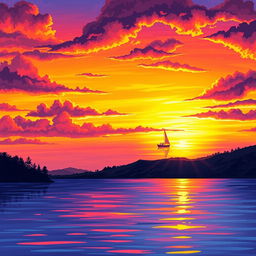 A detailed and vibrant illustration of a beautiful sunset over a serene lake, with colorful reflections on the water and a silhouette of a small boat in the distance