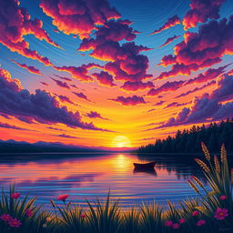 A detailed and vibrant illustration of a beautiful sunset over a serene lake, with colorful reflections on the water and a silhouette of a small boat in the distance