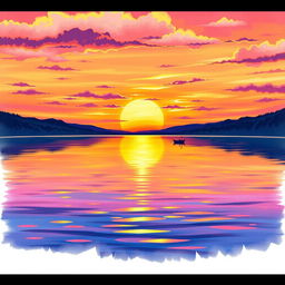 A detailed and vibrant illustration of a beautiful sunset over a serene lake, with colorful reflections on the water and a silhouette of a small boat in the distance