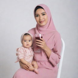 A beautiful Malay mother wearing a pink hijab and stylish blouse. She is casually seated on a chair against a white background. In one hand she holds a glass filled with dark brown liquid, and in the other, she nurses her baby.