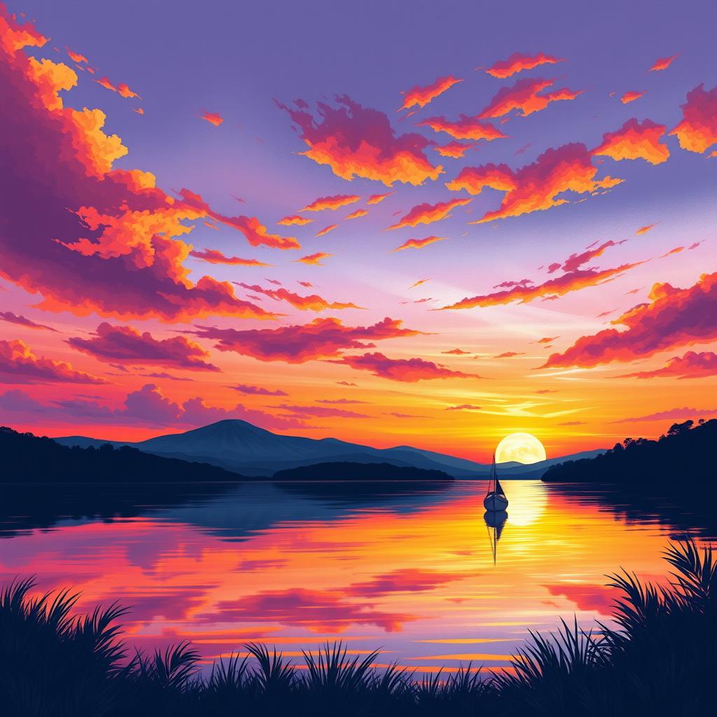 A detailed and vibrant illustration of a beautiful sunset over a serene lake, with colorful reflections on the water and a silhouette of a small boat in the distance