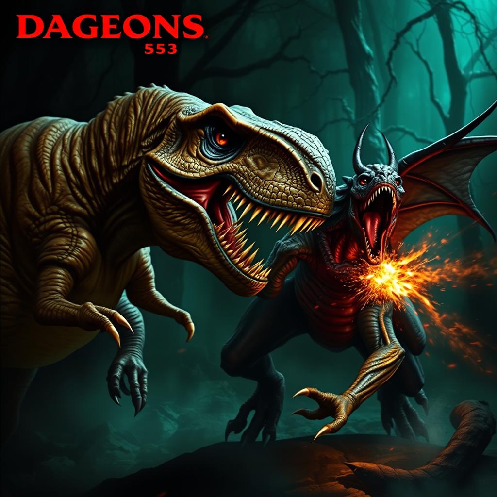 A thrilling scene of a tyrannosaurus rex fighting an aboleth from Dungeons and Dragons