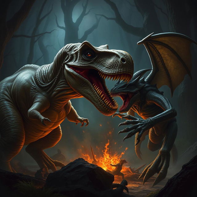 A thrilling scene of a tyrannosaurus rex fighting an aboleth from Dungeons and Dragons