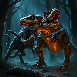 A thrilling scene of a tyrannosaurus rex fighting an aboleth from Dungeons and Dragons