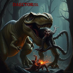 A thrilling scene of a tyrannosaurus rex fighting an aboleth from Dungeons and Dragons