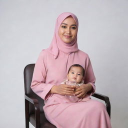 A beautiful Malay mother wearing a pink hijab and stylish blouse. She is casually seated on a chair against a white background. In one hand she holds a glass filled with dark brown liquid, and in the other, she nurses her baby.