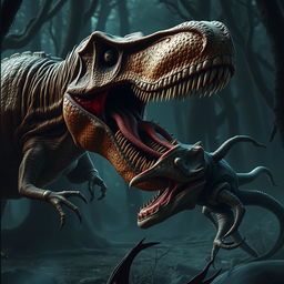 A thrilling scene of a tyrannosaurus rex fighting an aboleth, a squid and leech-like monster with no eyes and several rows of teeth