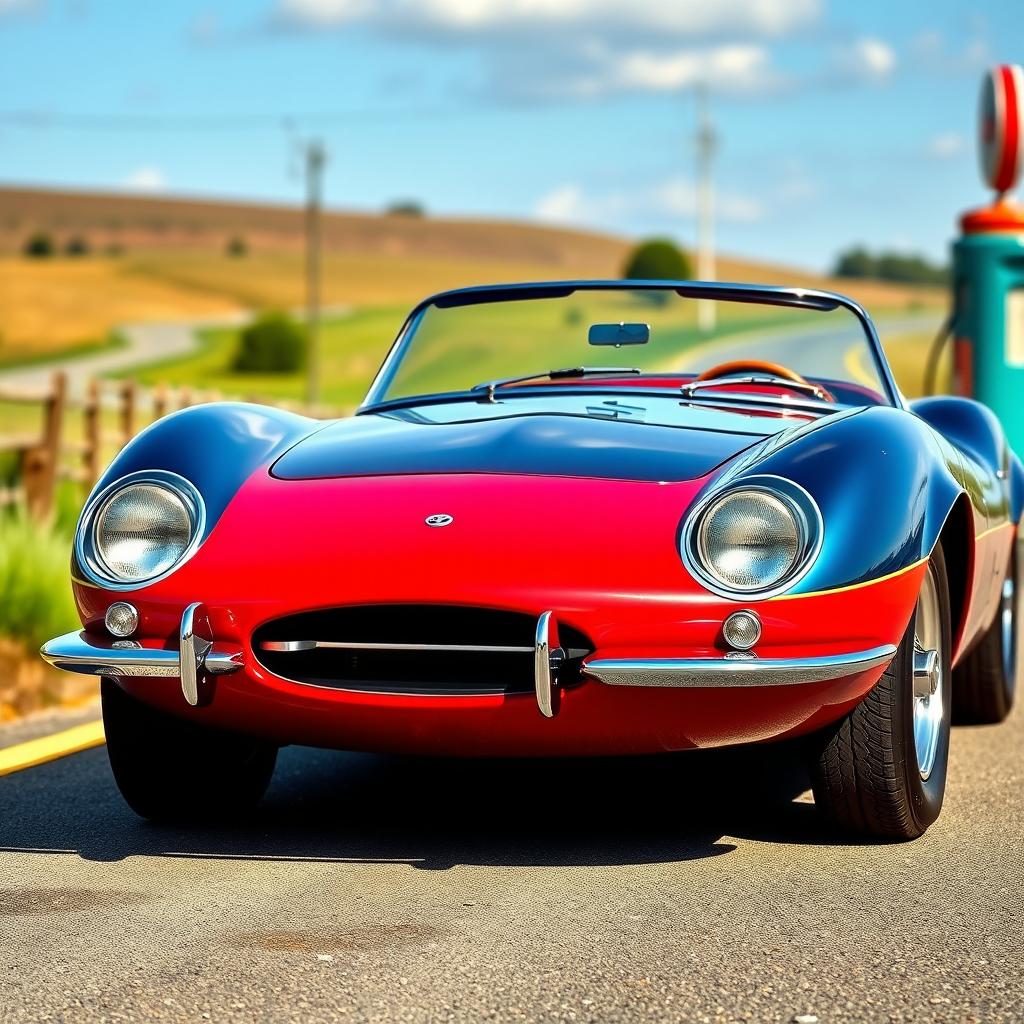 Create an image of a classic 1960s sports car with a sleek, aerodynamic design