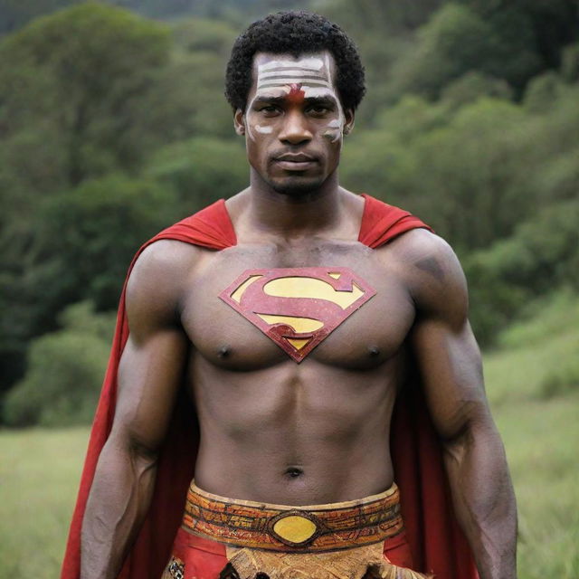 A version of Superman as if he originated from Papua New Guinea, wearing traditional attire and demonstrating unique cultural elements.