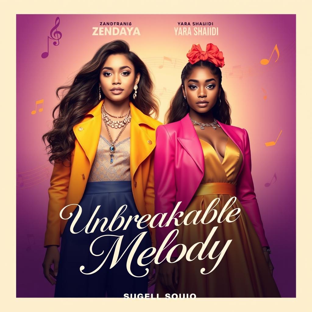 Create a movie poster featuring Zendaya and Yara Shahidi for a musical film titled 'Unbreakable Melody'