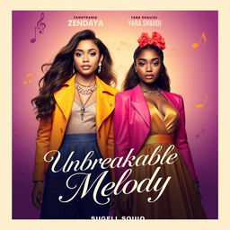 Create a movie poster featuring Zendaya and Yara Shahidi for a musical film titled 'Unbreakable Melody'