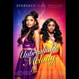 Create a movie poster featuring Zendaya and Yara Shahidi for a musical film titled 'Unbreakable Melody'