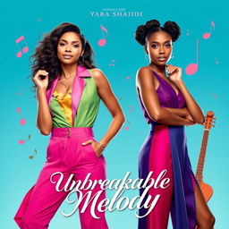 Create a movie poster featuring Zendaya and Yara Shahidi for a musical film titled 'Unbreakable Melody'