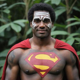 A version of Superman as if he originated from Papua New Guinea, wearing traditional attire and demonstrating unique cultural elements.