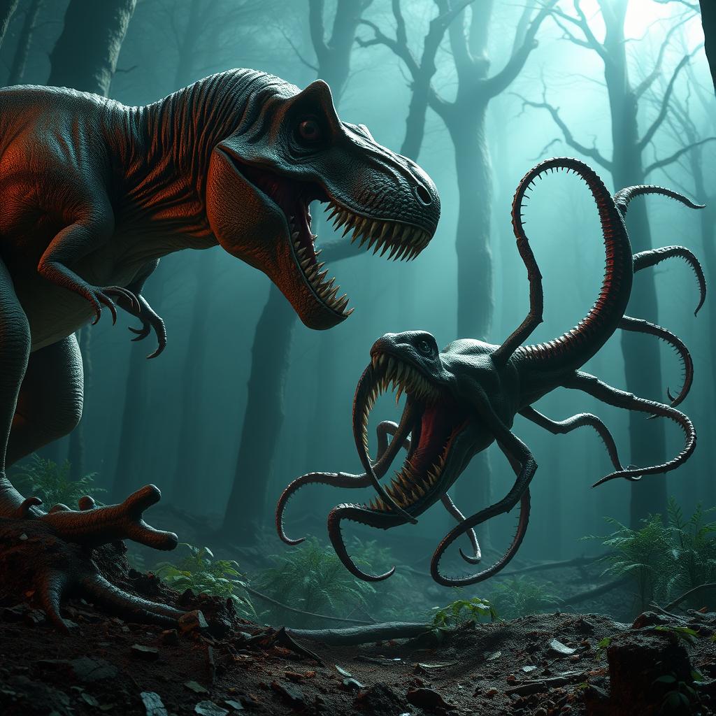 A thrilling scene of a tyrannosaurus rex fighting an aboleth, a squid and leech-like monster with no eyes and several rows of teeth